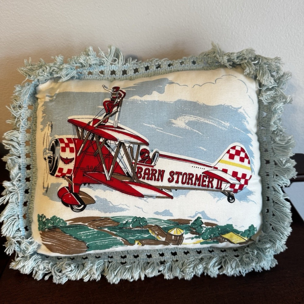 12"x9" Pillow - Barnstormer II -Plane  Aircraft Stuntman Tassels Fringe VNTG